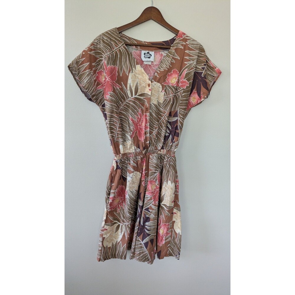 Vintage Hilo Hattie Romper L Hawaiian Tropical Floral Palm Leaves Resort Brown